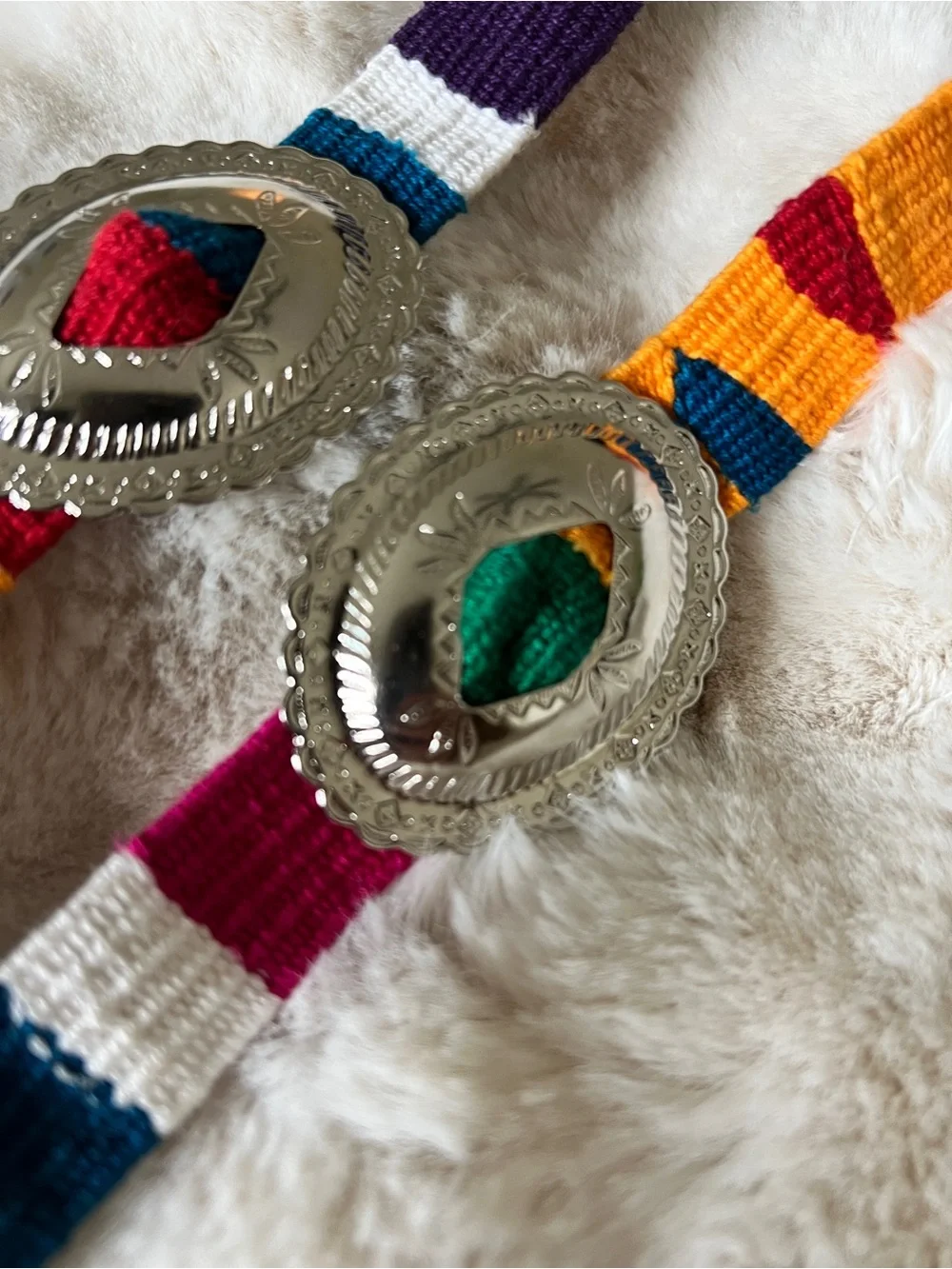 Colorful Woven Western Southwestern Multi-Color Belt with Silver Conchos